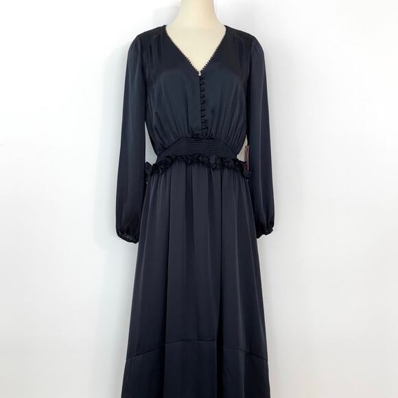 Monique Lhuillier ML Navy Satin Dress High-Low Long Sleeve V-Neck 4 NWT - Picture 4 of 16